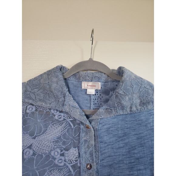 Kamana Lagenlook Burnout Embroidered Light Blue Tunic Blouse Dress, Size Medium - Picture 3 of 15